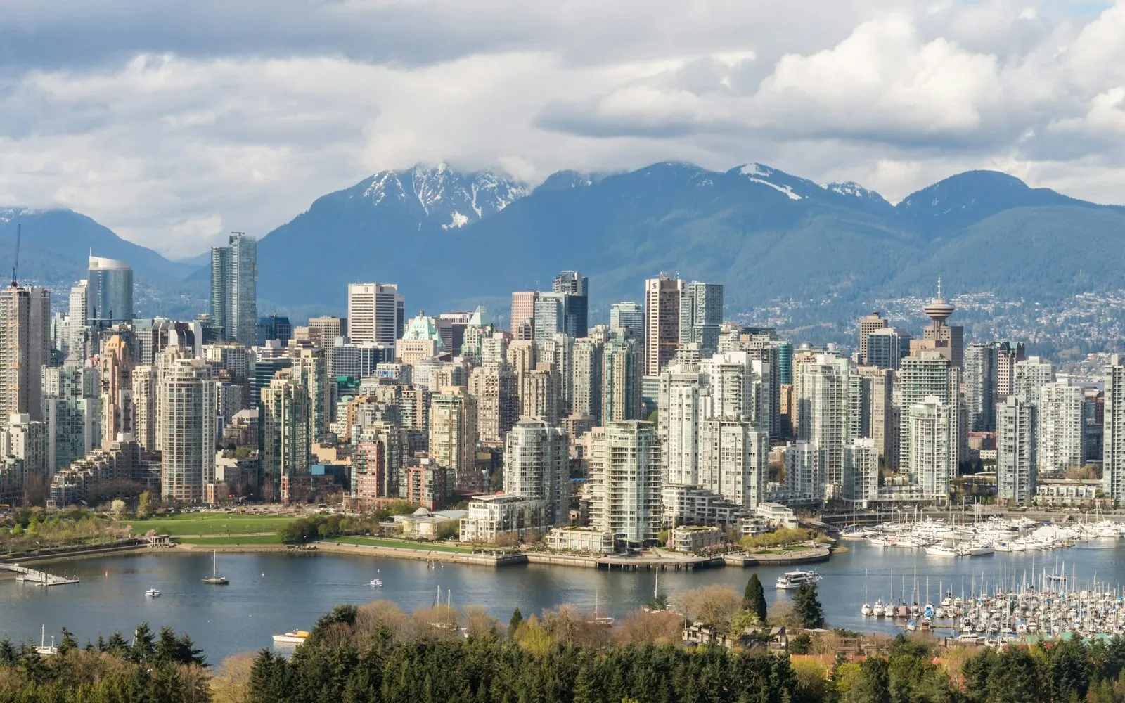 Downtown Vancouver high-rise towers with the North Shore mountains behind